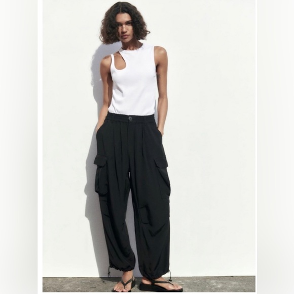 ZARA Black Cargo Parachute Pants, M/L - Picture 1 of 10